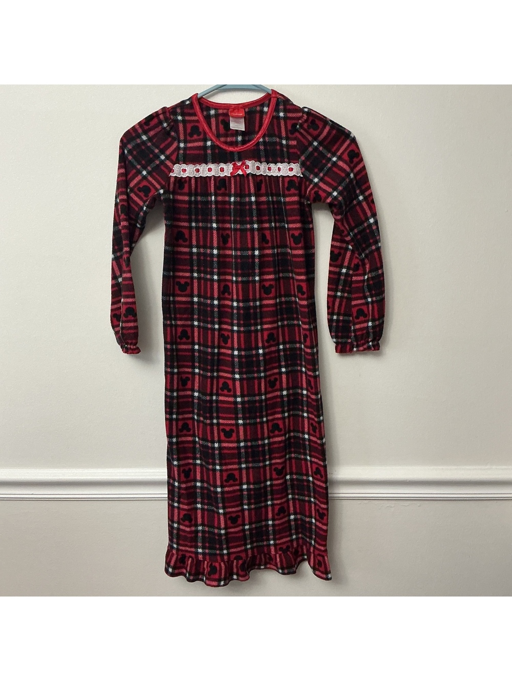 Disney Girls' Red Plaid Fleece Nightgown with Mickey Mouse Print Size 8